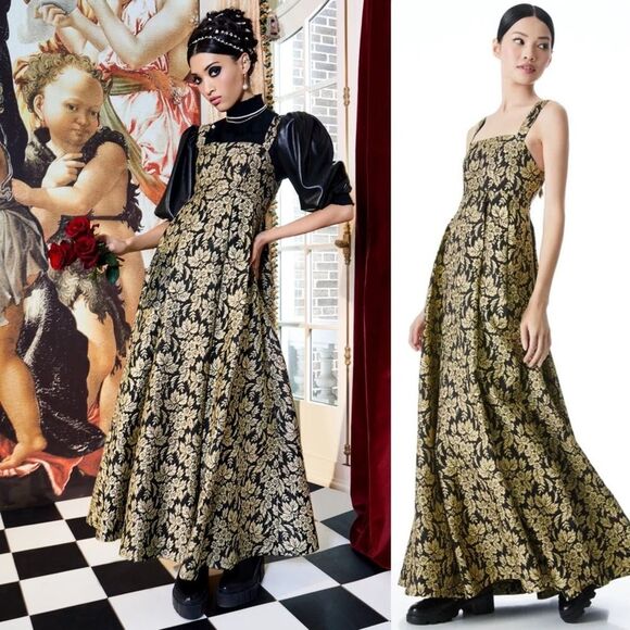Alice + Olivia Marla Metallic Black and Gold Ball Gown, size 6, NWT